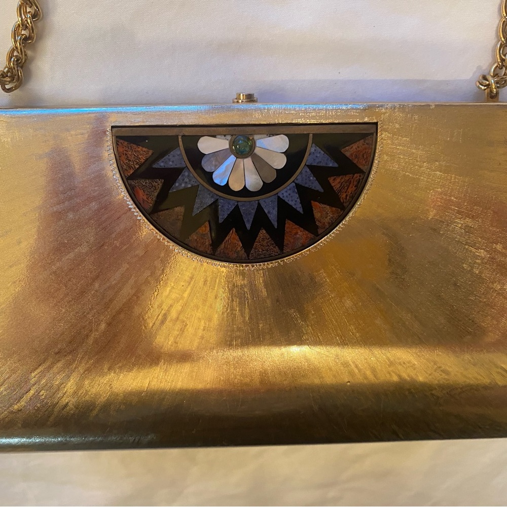 Vintage Gold Metal Rodo Clutch with Chain Glam Luxury with Mother of Pearl
